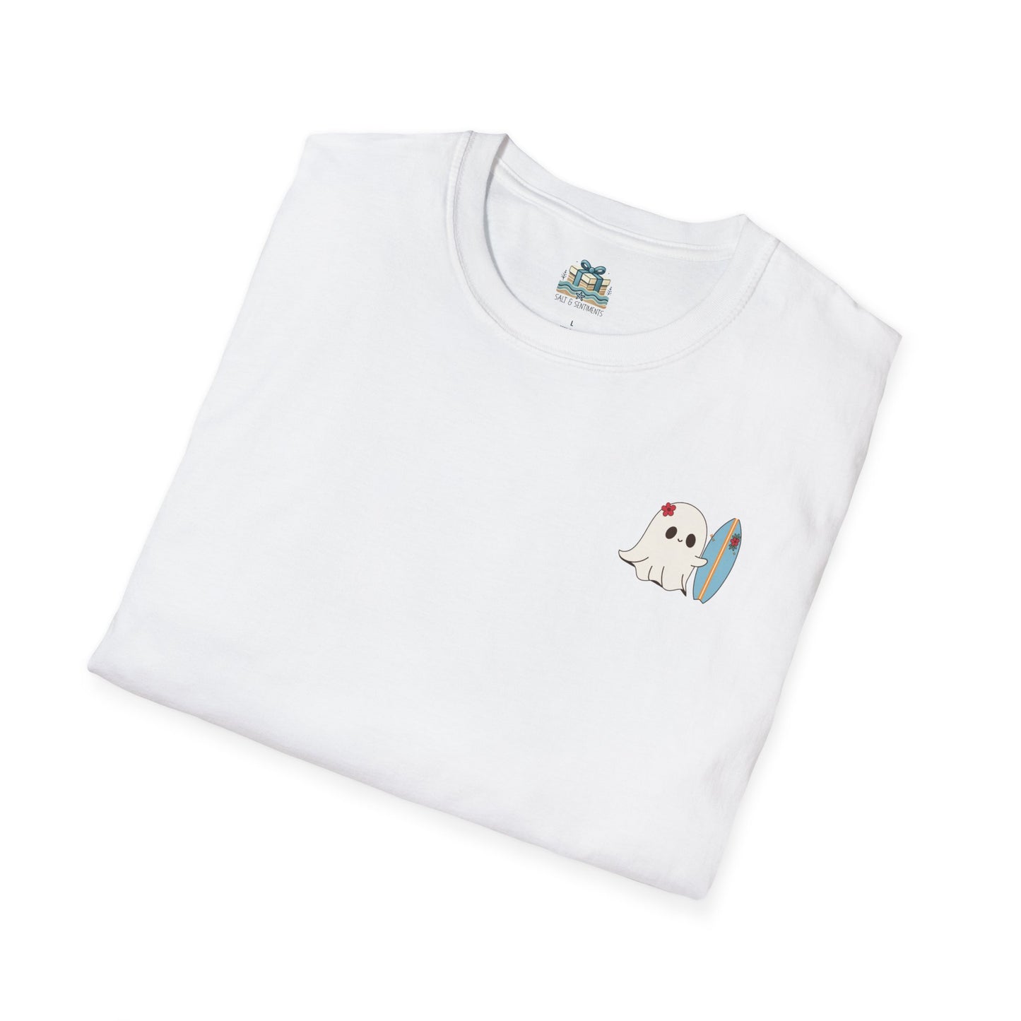 White t-shirt with a ghost holding a surfboard design on a white background