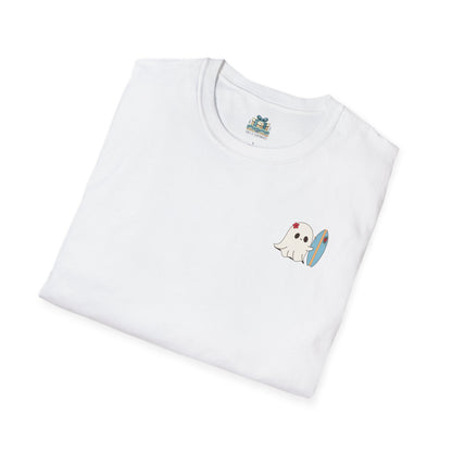 White t-shirt with a ghost holding a surfboard design on a white background