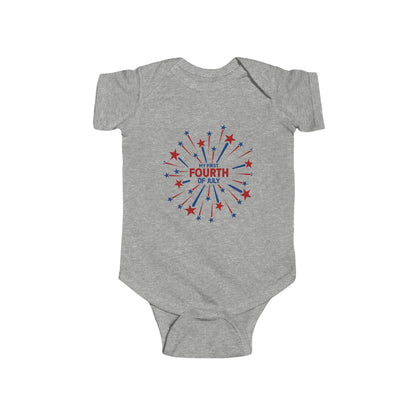 Gray “My First Fourth of July” bodysuit with red and blue firework design