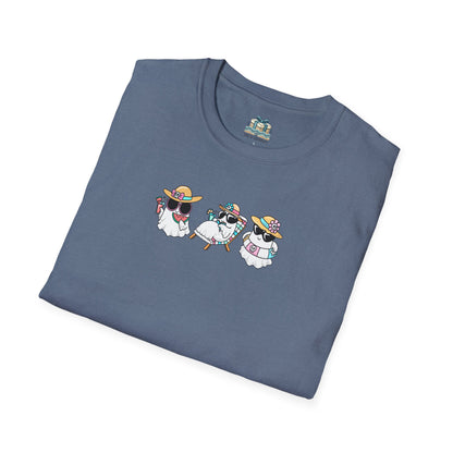 Folded blue t-shirt with cartoon dog design on a white background