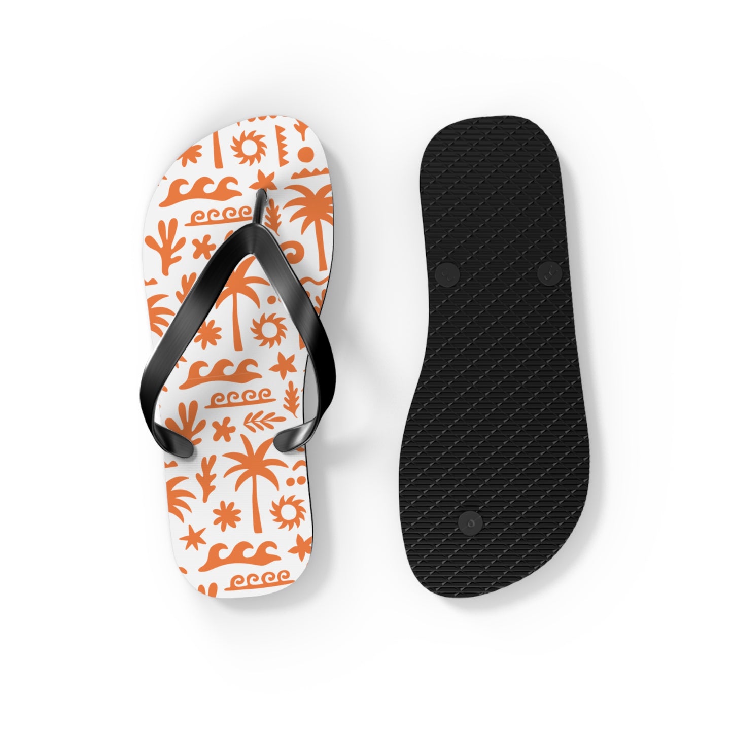 Flip-flop with orange pattern and black insole on a white background