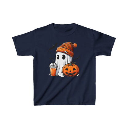 A navy-colored kids' t-shirt with a graphic design of a cute ghost wearing an orange beanie and holding a festive orange drink.