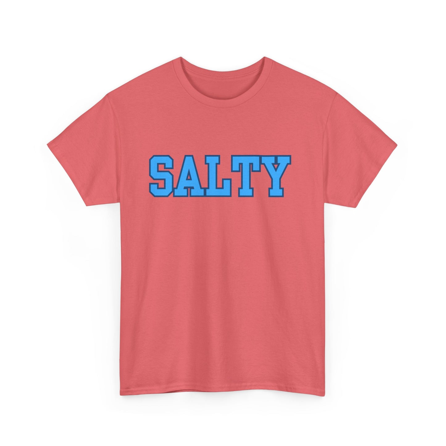 Light blue tee with bold graphic lettering

