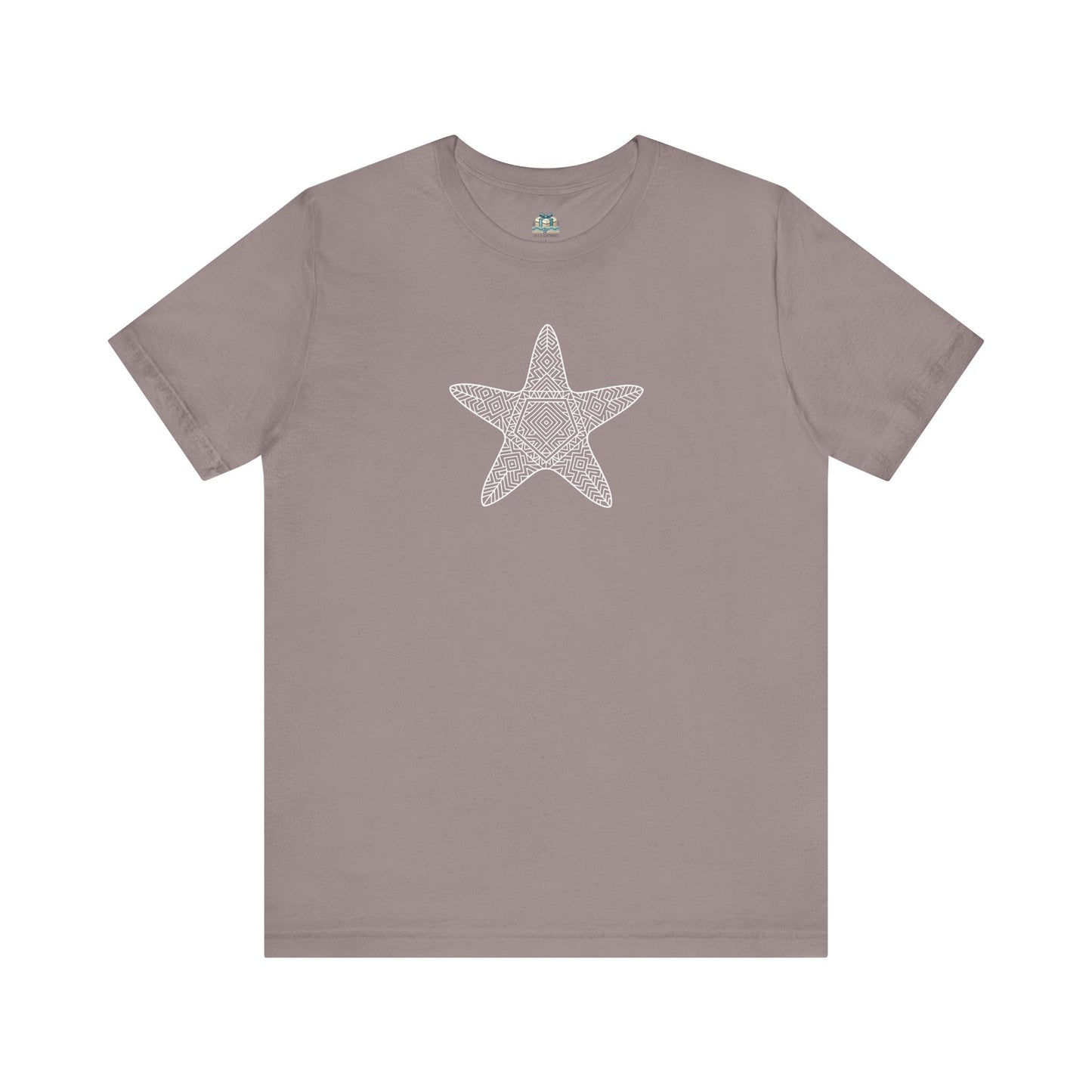 Soft cotton coastal pebble brown  t-shirt featuring detailed white starfish art