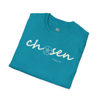 Folded teal t-shirt with 'chosen' text on a white background