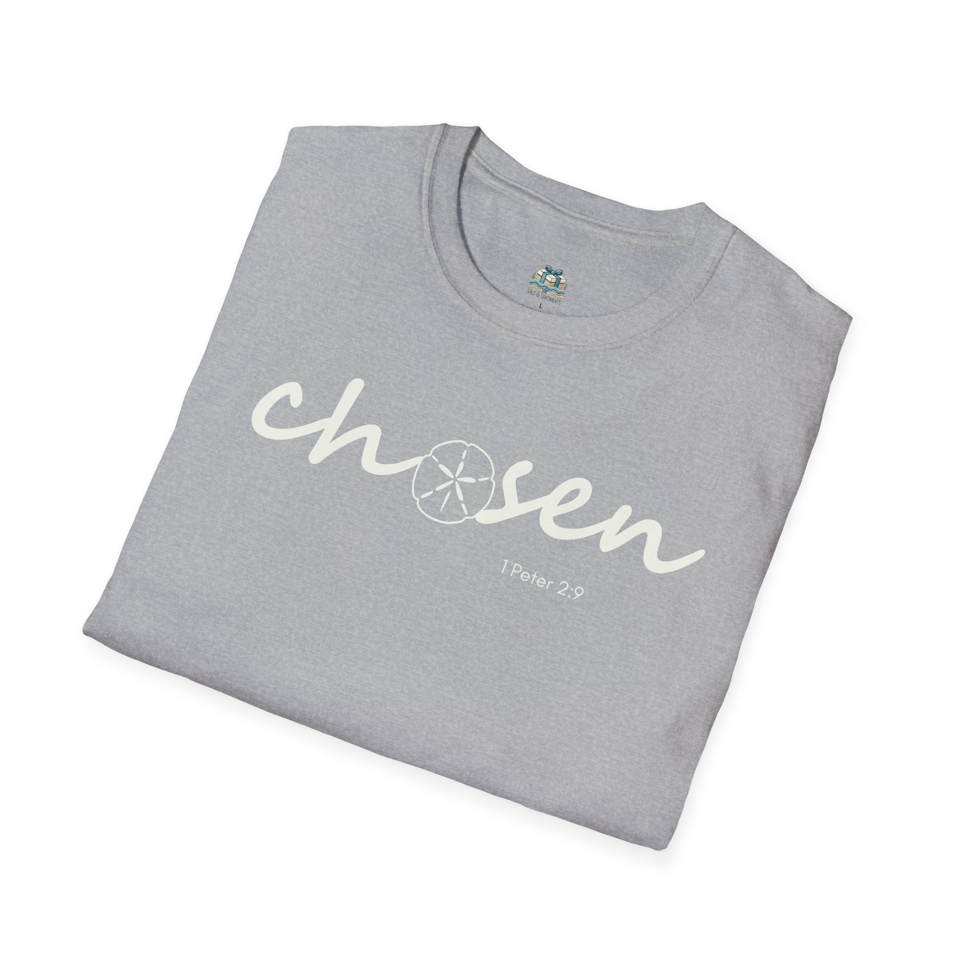 Folded gray t-shirt with 'chosen' text on a white background
