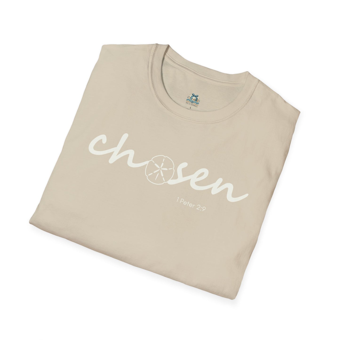 Beige t-shirt with 'chosen' text on a white background