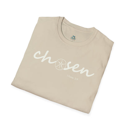 Beige t-shirt with 'chosen' text on a white background