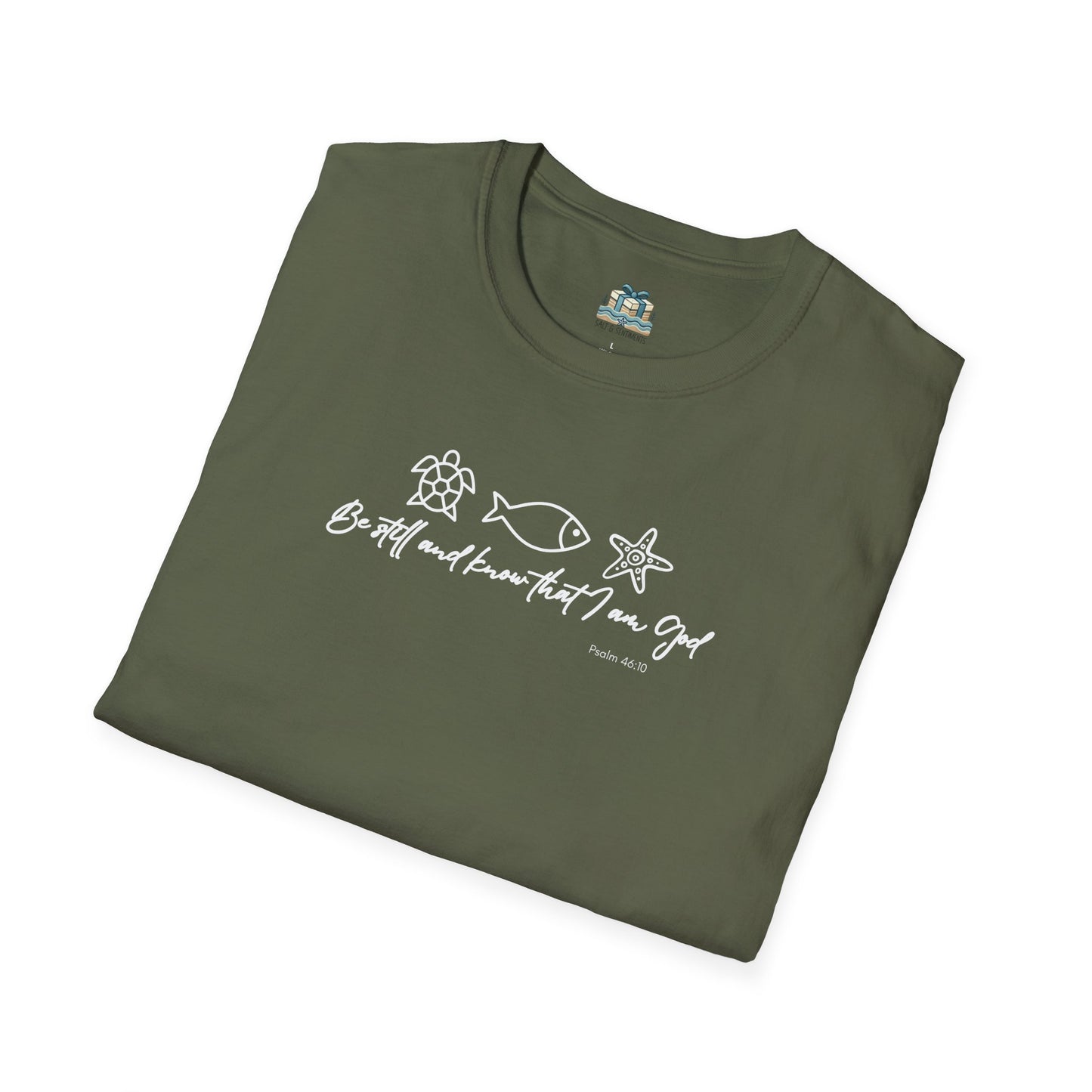 Folded green t-shirt with white text and symbols on a white background