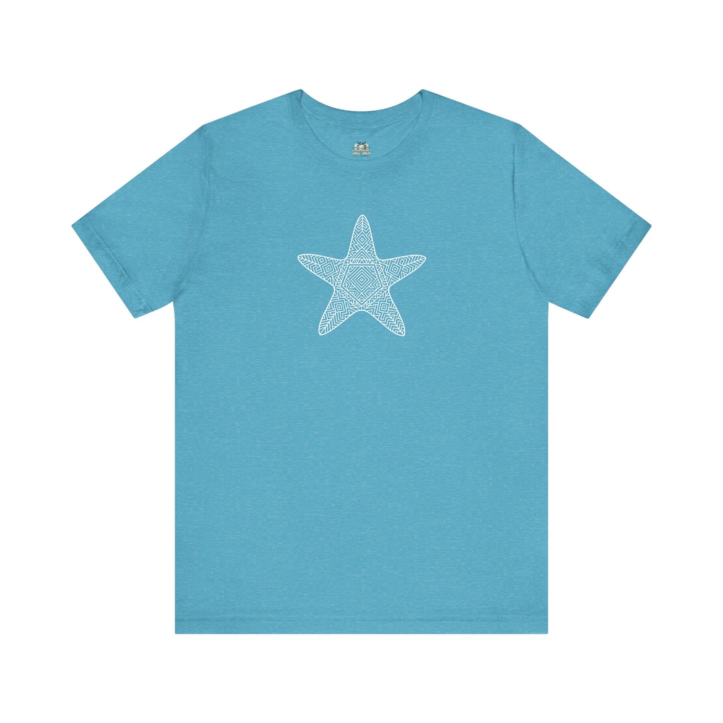 Aqua blue starfish beach shirt for women in urban setting