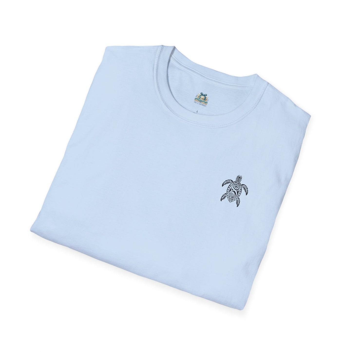 Light blue t-shirt with a turtle emblem on a white background