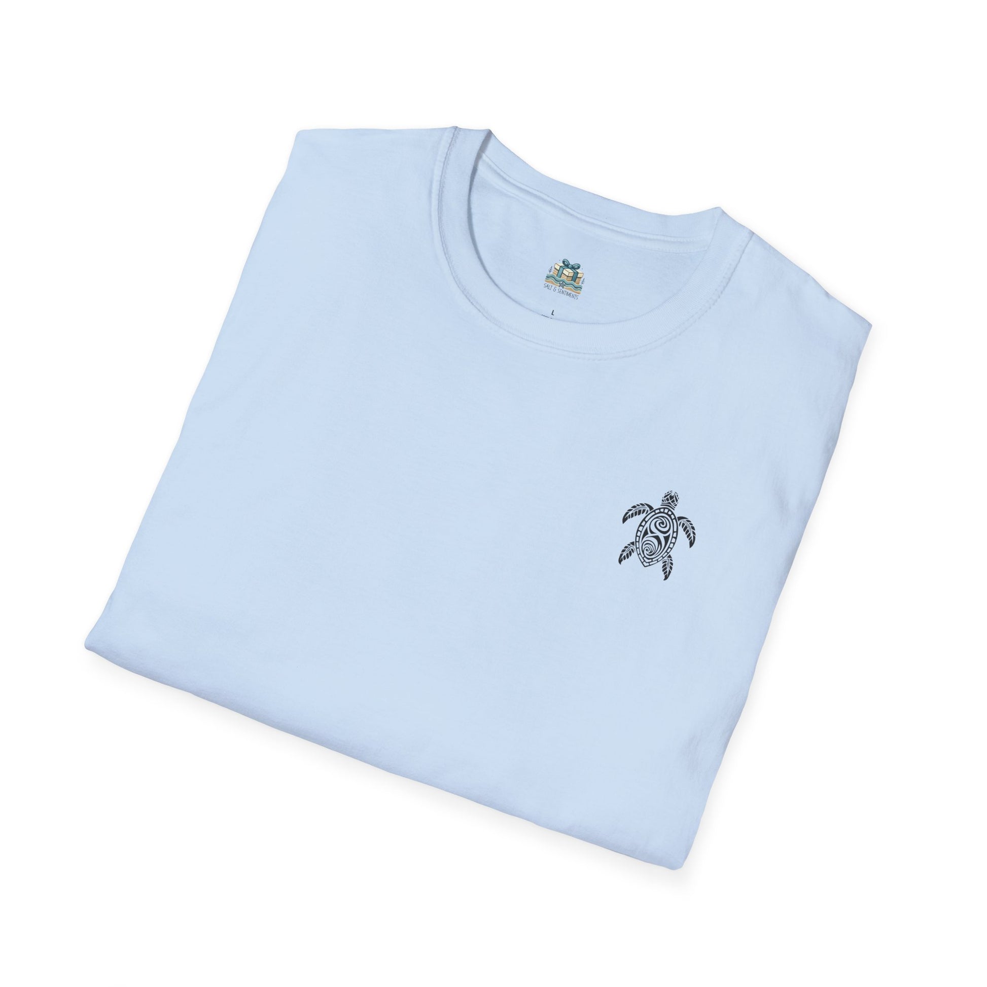 Light blue t-shirt with a turtle emblem on a white background