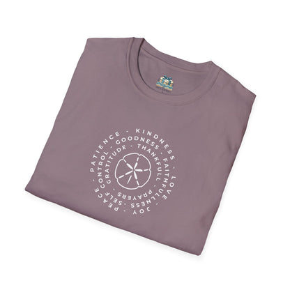 Folded purple t-shirt with text and design on a white background