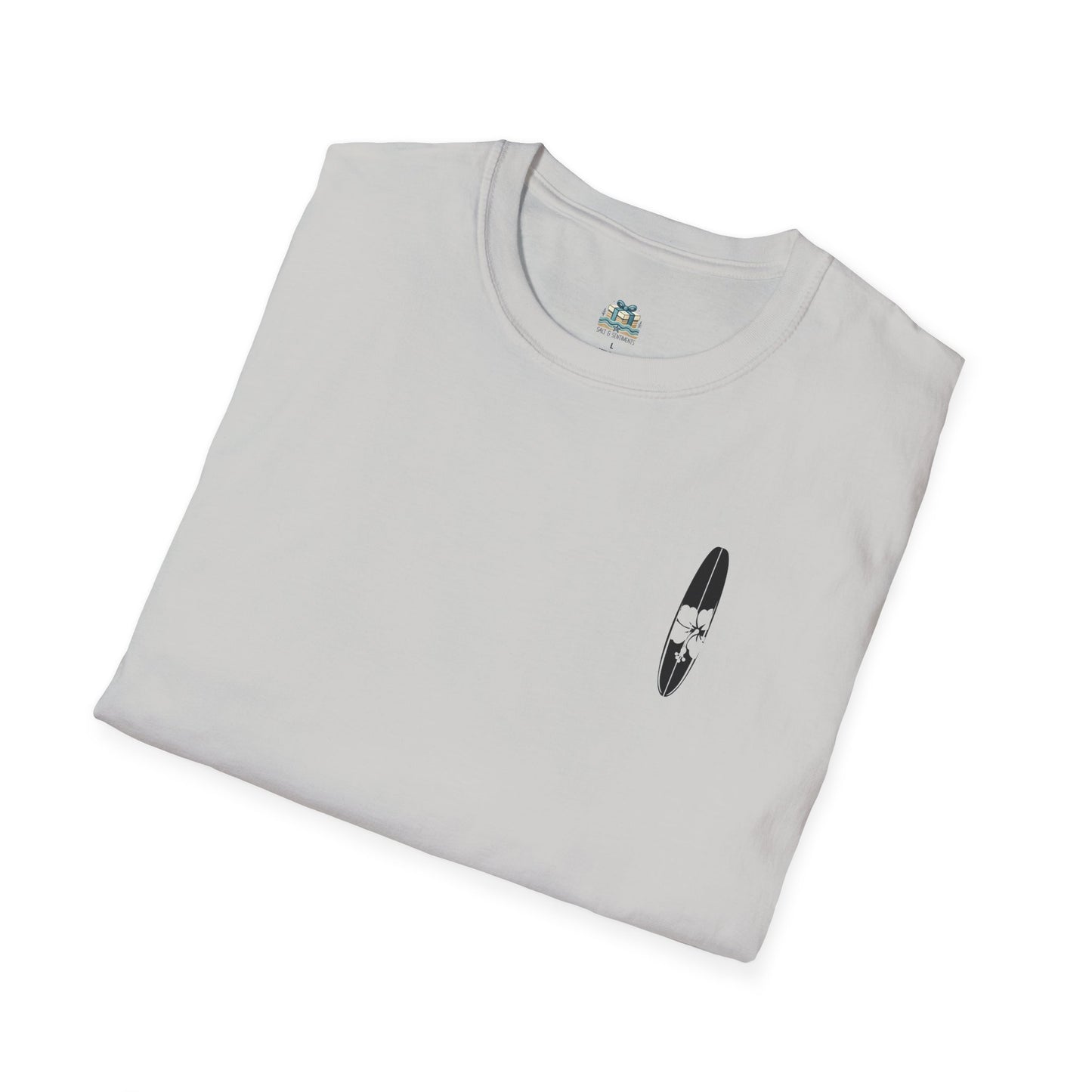 Folded gray t-shirt with a small black and white graphic on a white background