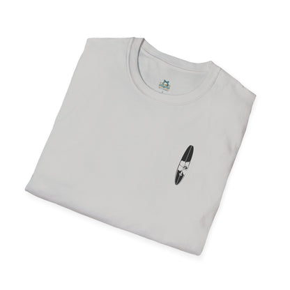 Folded gray t-shirt with a small black and white graphic on a white background