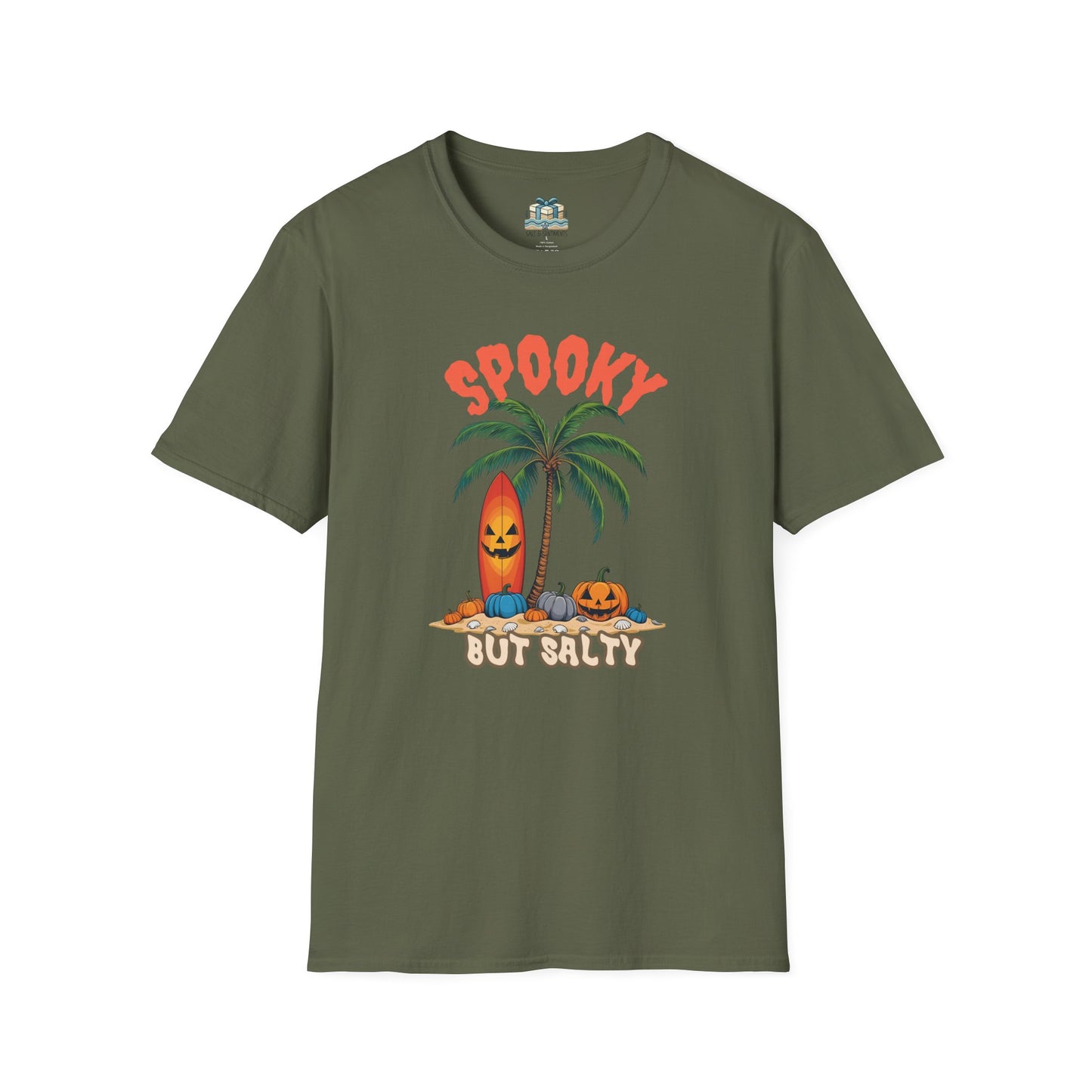 Green t-shirt with Halloween-themed design featuring a palm tree, jack-o'-lantern, and text on a white background.