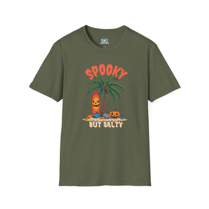 Green t-shirt with Halloween-themed design featuring a palm tree, jack-o'-lantern, and text on a white background.