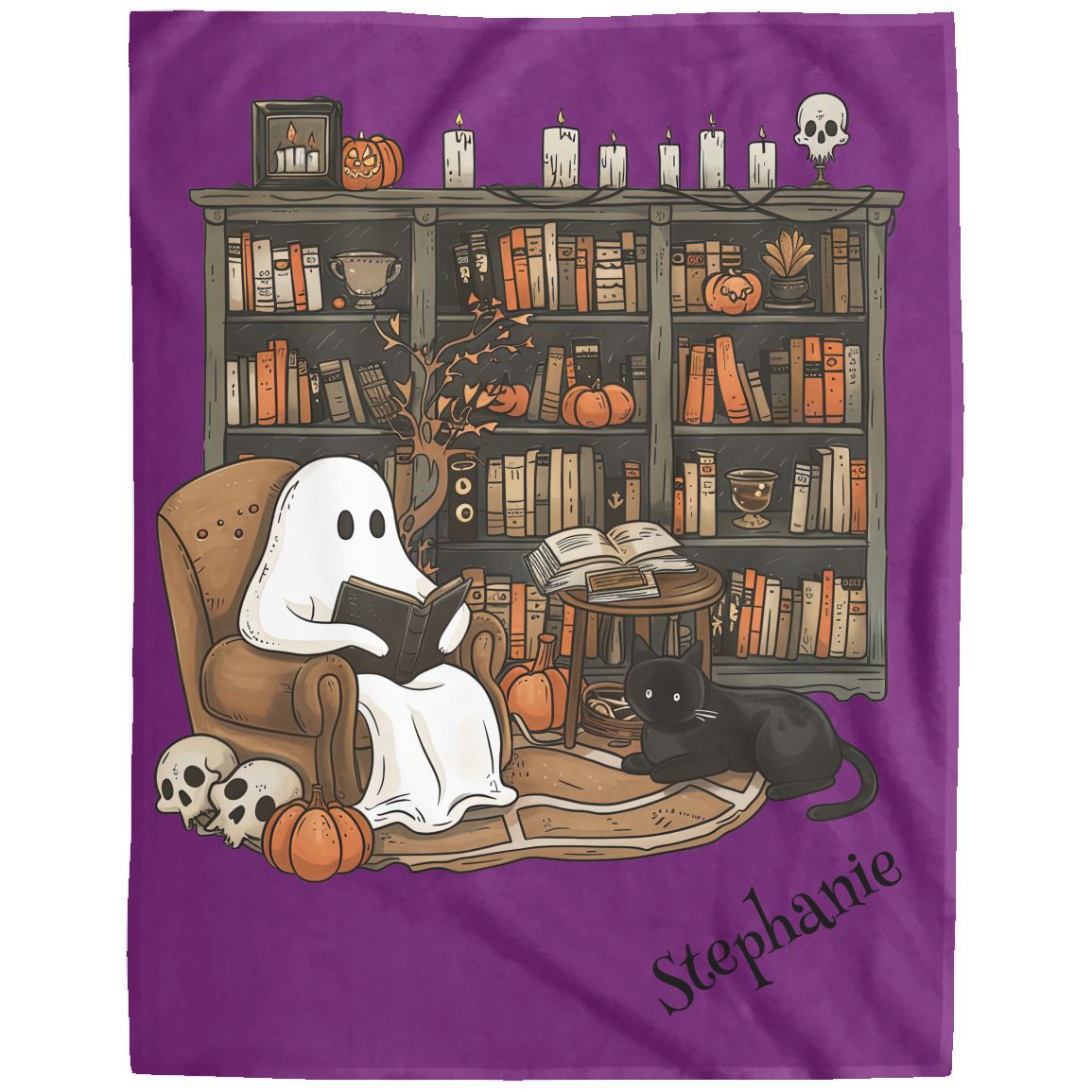Halloween-themed blanket with ghost, cat, and bookshelf design on a purple background