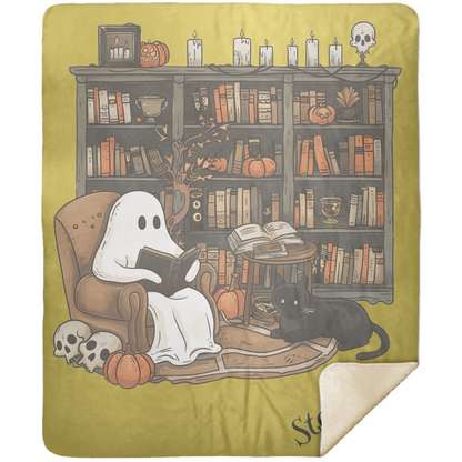 Ghost reading a book with a black cat on a cozy reading nook blanket