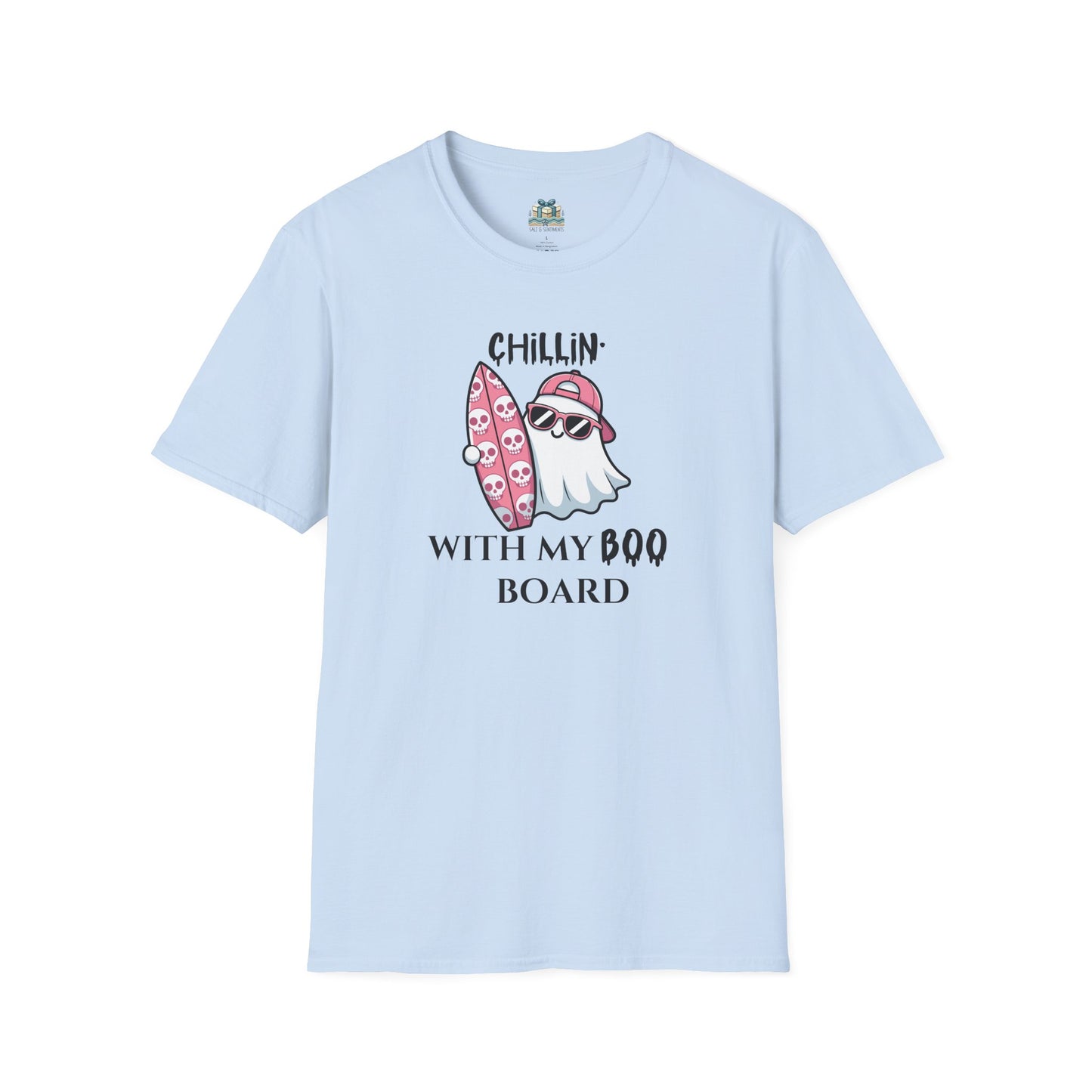 Light blue t-shirt with ghost and surfboard graphic and text on a white background