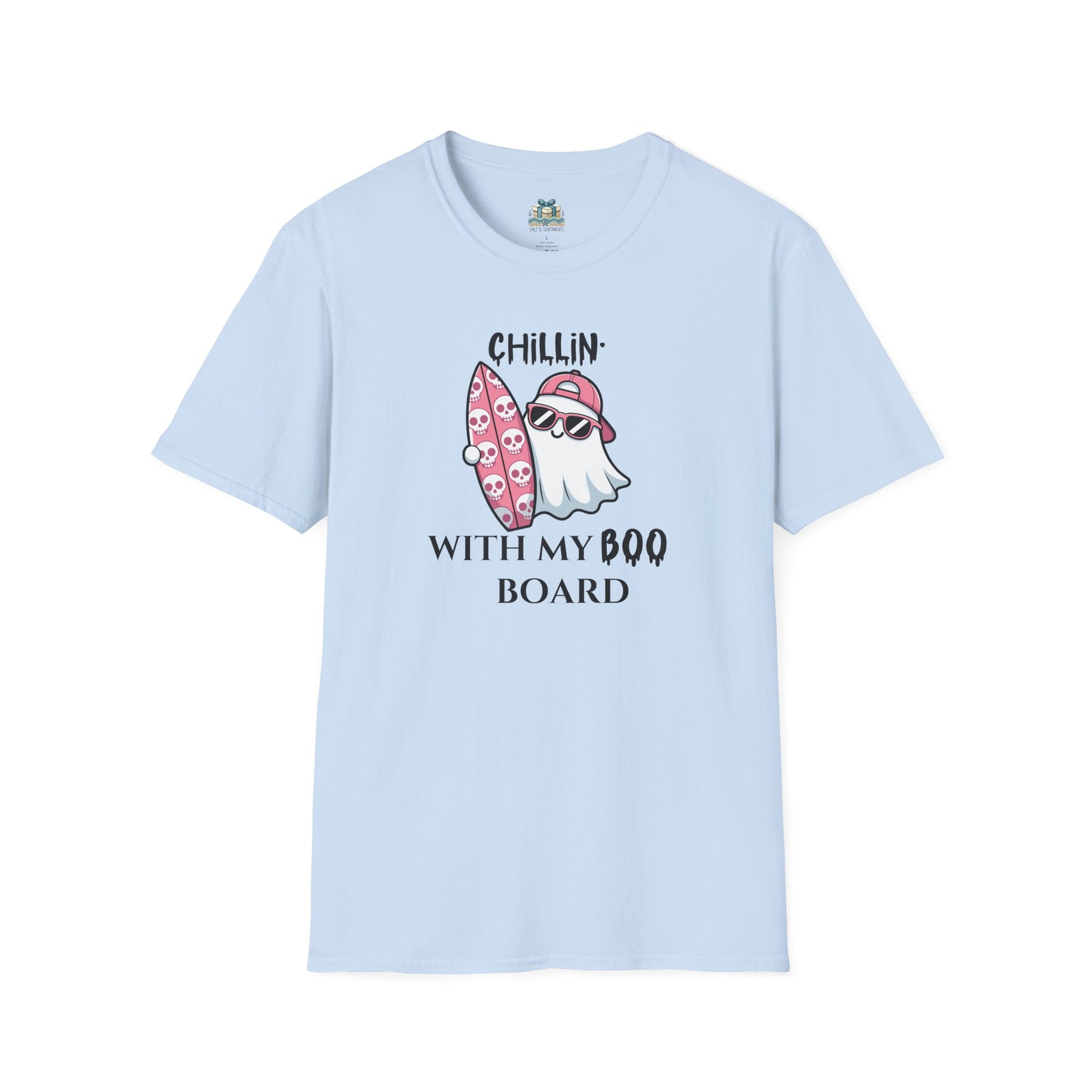 Light blue t-shirt with ghost and surfboard graphic and text on a white background