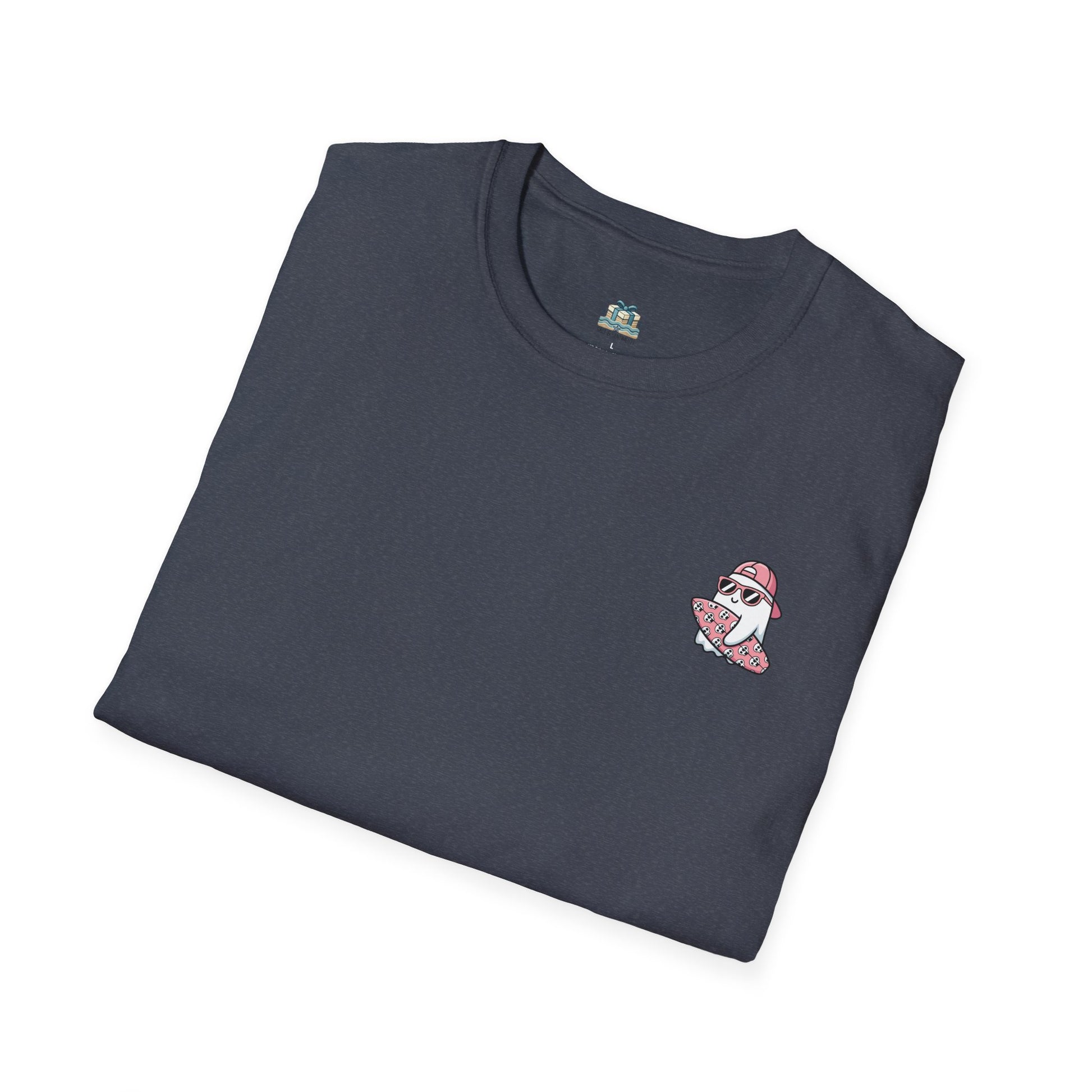 Folded navy blue t-shirt with a small red and white logo on a white background