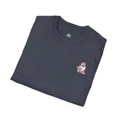 Folded navy blue t-shirt with a small red and white logo on a white background