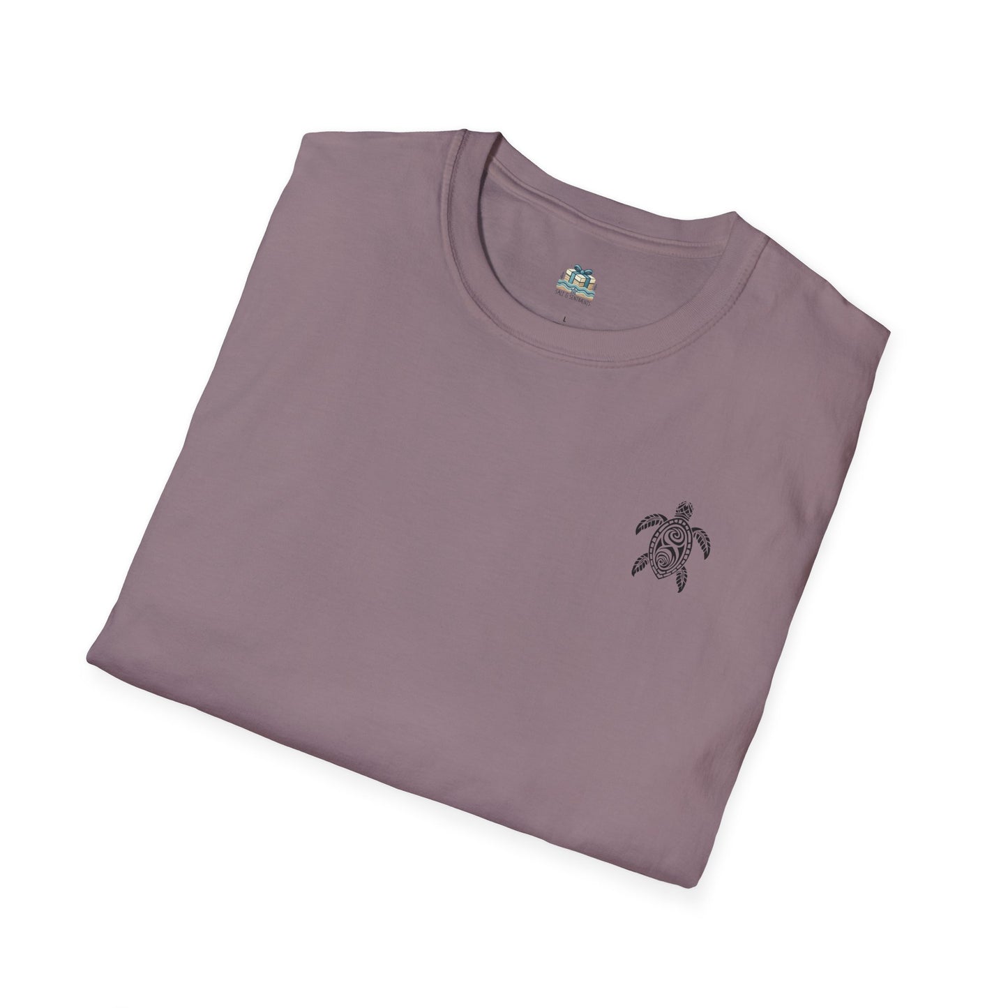 Folded purple t-shirt with a small turtle logo on a white background