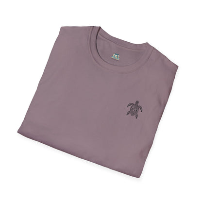 Folded purple t-shirt with a small turtle logo on a white background