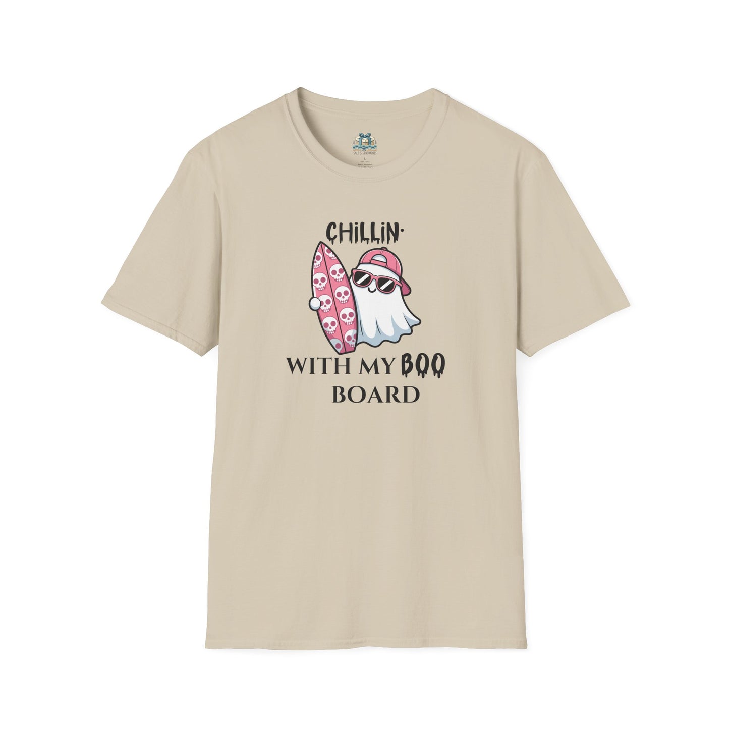 Tan T-shirt with ghost in sunglasses holding a pink surfboard with skulls