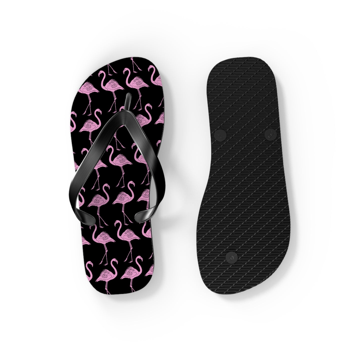Flip-flop with pink flamingo pattern on a black background