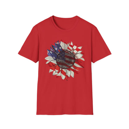 Festive red t-shirt with sunflower design inspired by the American flag
