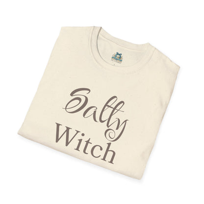 Beige t-shirt with 'Salty Witch' text on a white background