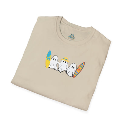 Folded beige t-shirt with ghost graphic design on a white background