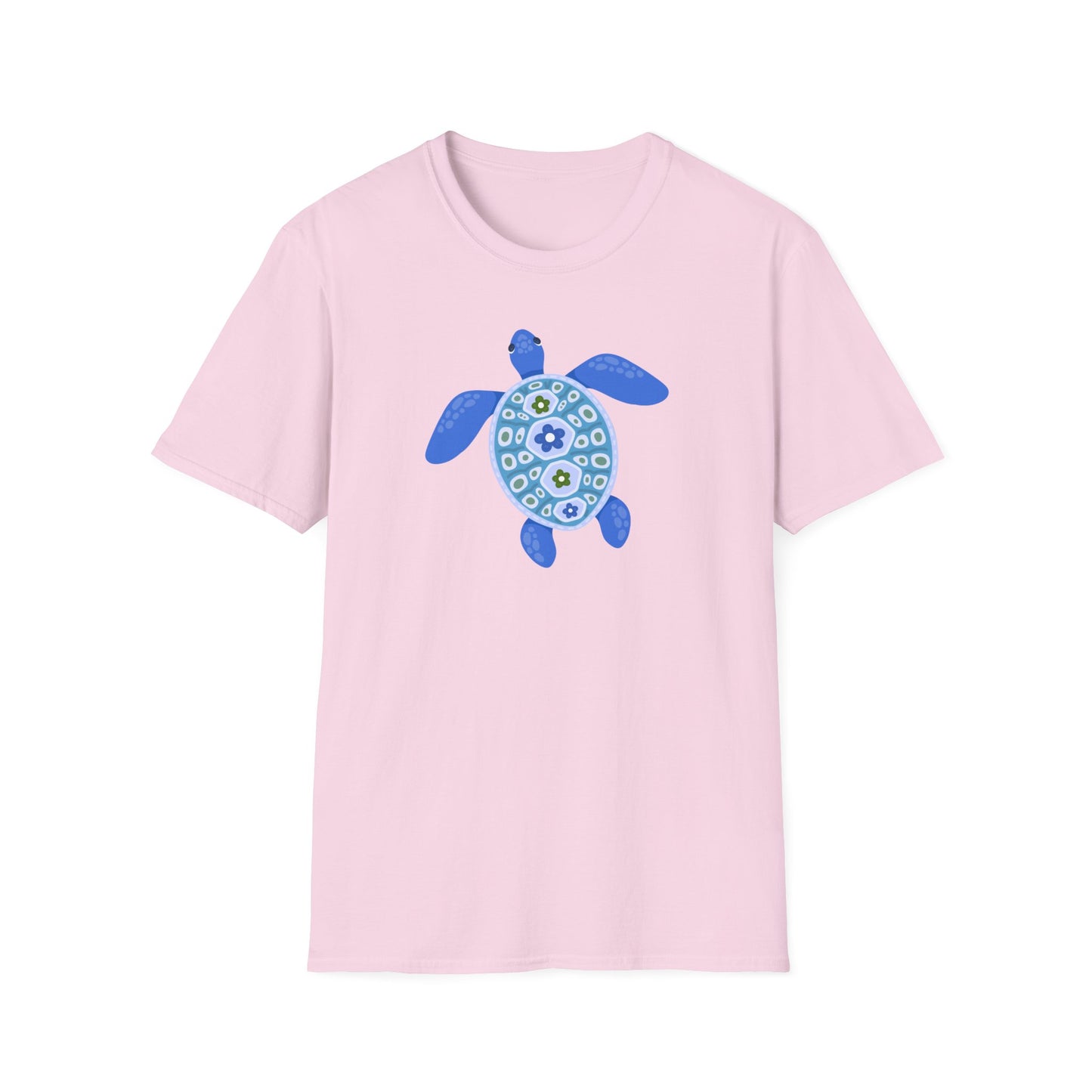 Pink t-shirt with a blue turtle design on a white background