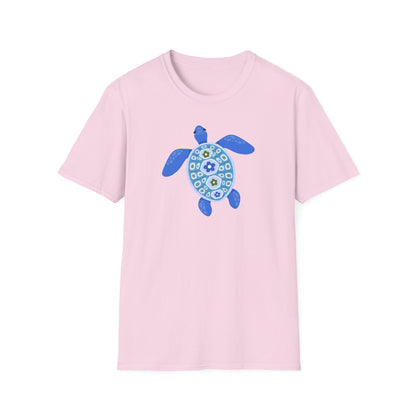 Pink t-shirt with a blue turtle design on a white background