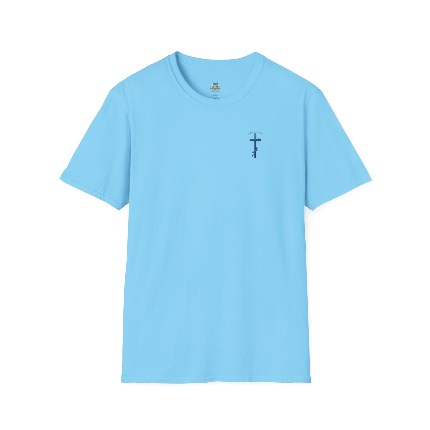 Light blue t-shirt with a small black logo on a white background