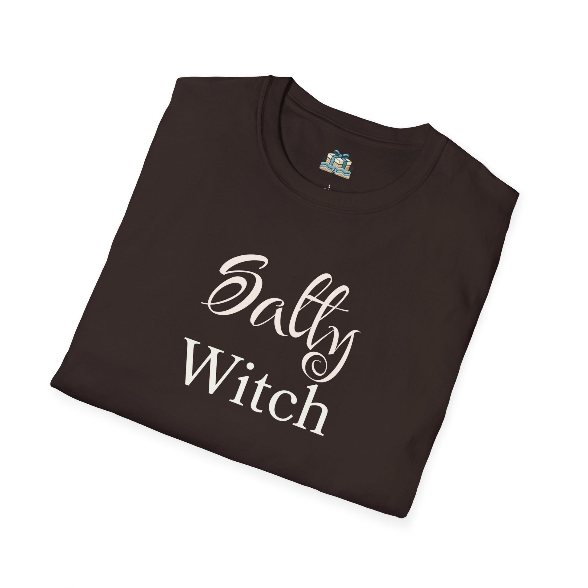 Folded black t-shirt with 'Salty Witch' text on a white background