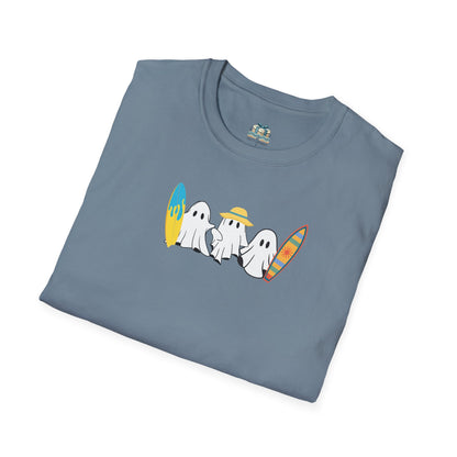 Folded blue t-shirt with ghost graphic design on a white background