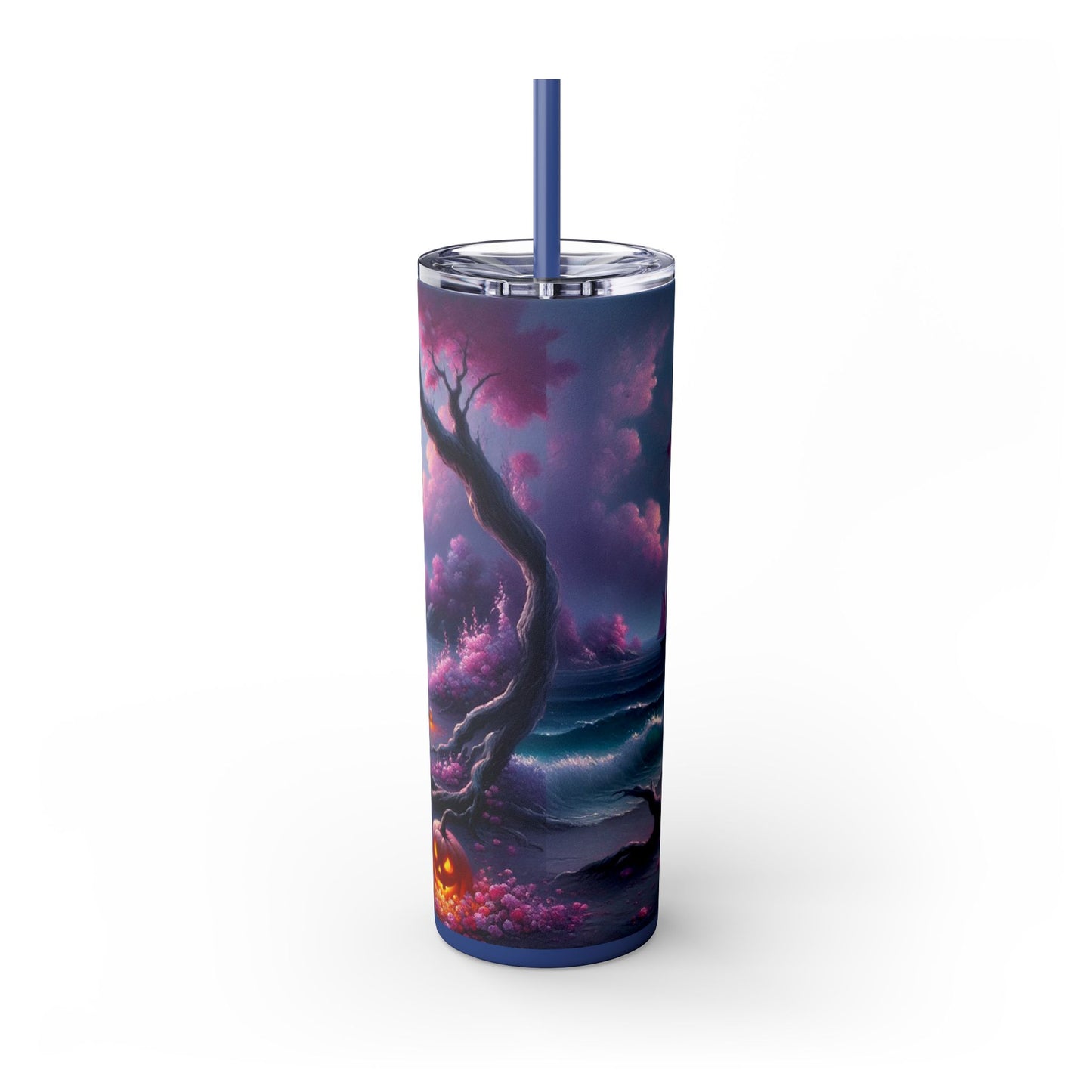 Tumbler with a fantasy design featuring a tree and clouds on a white background