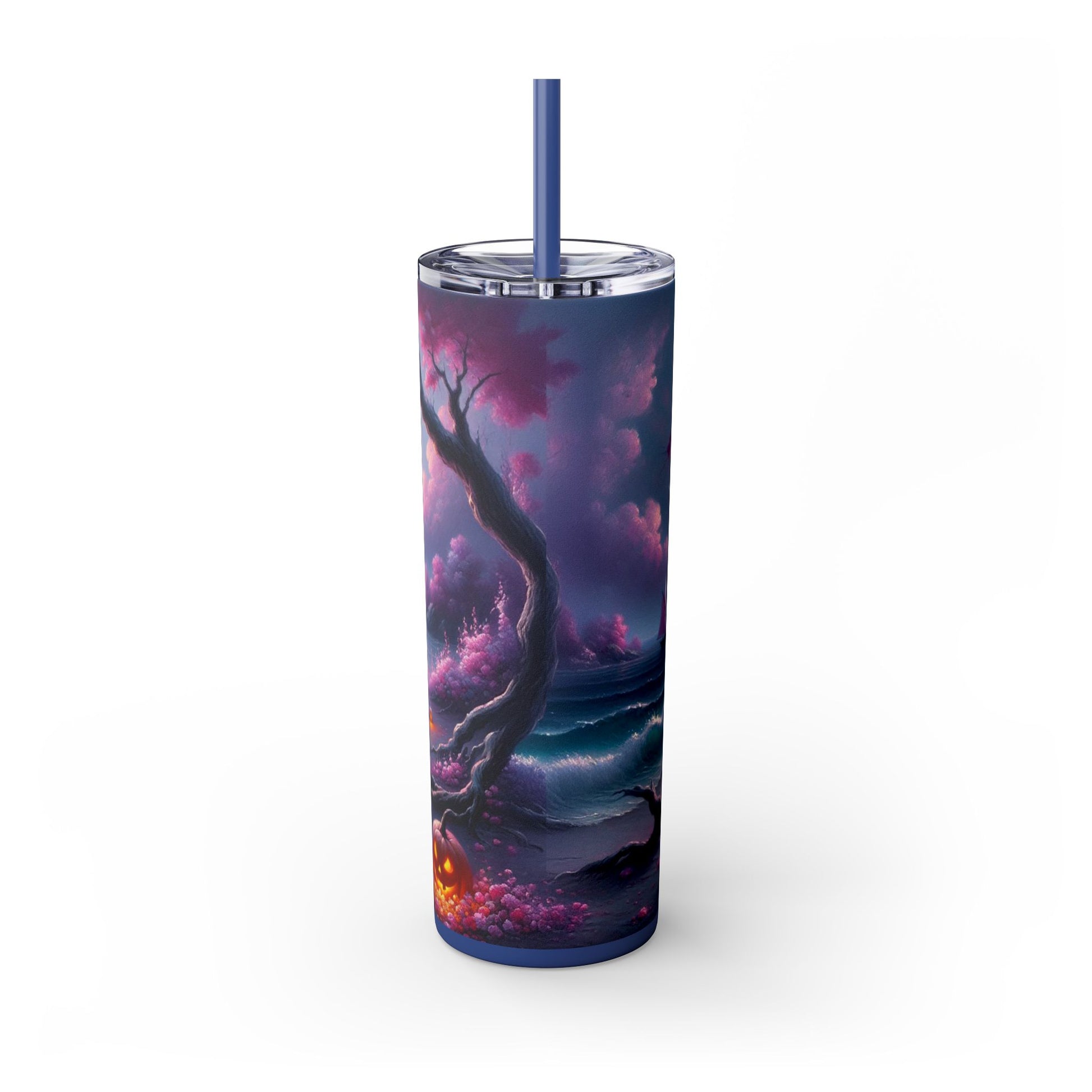 Tumbler with a fantasy design featuring a tree and clouds on a white background