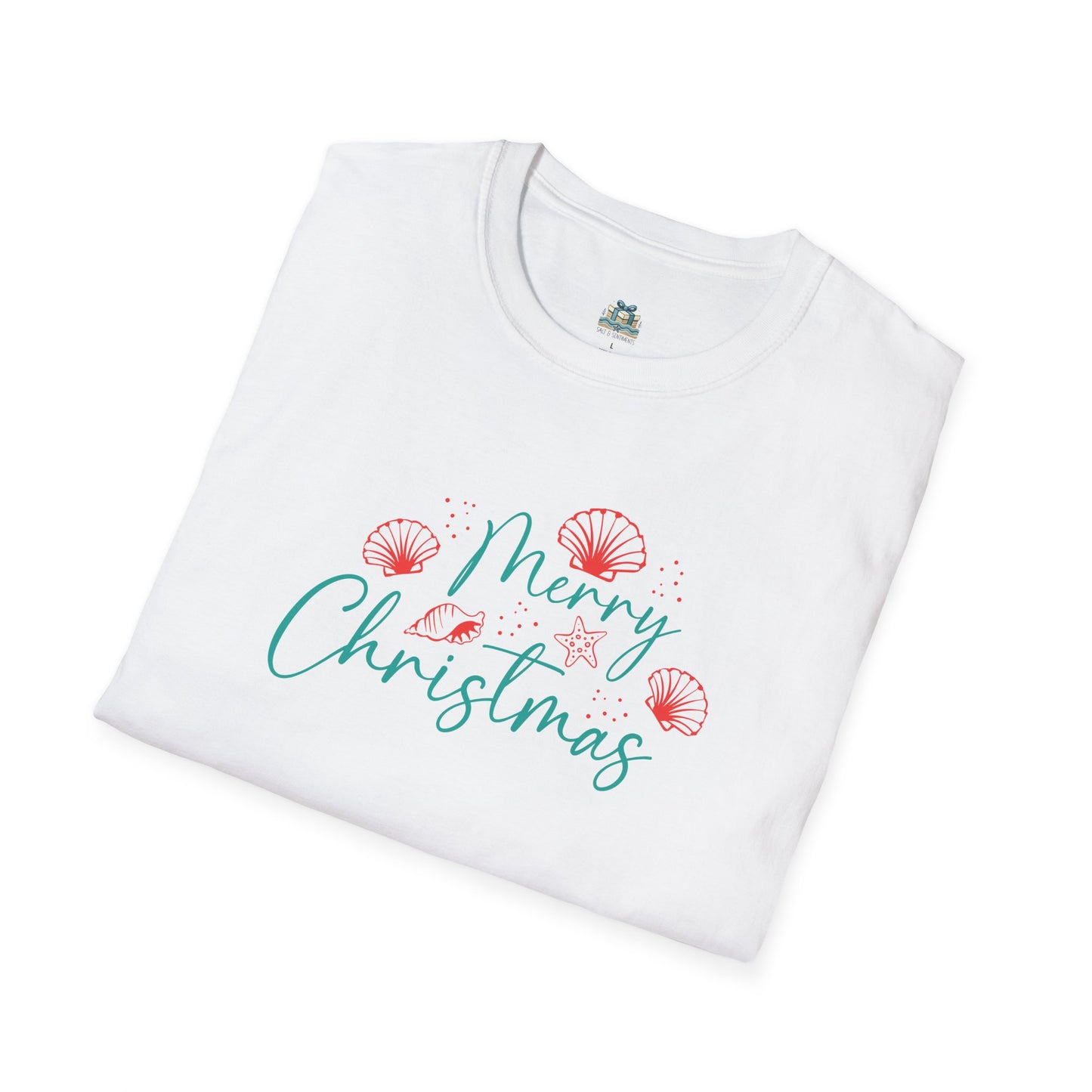White t-shirt with 'Merry Christmas' text and decorative elements on a white background