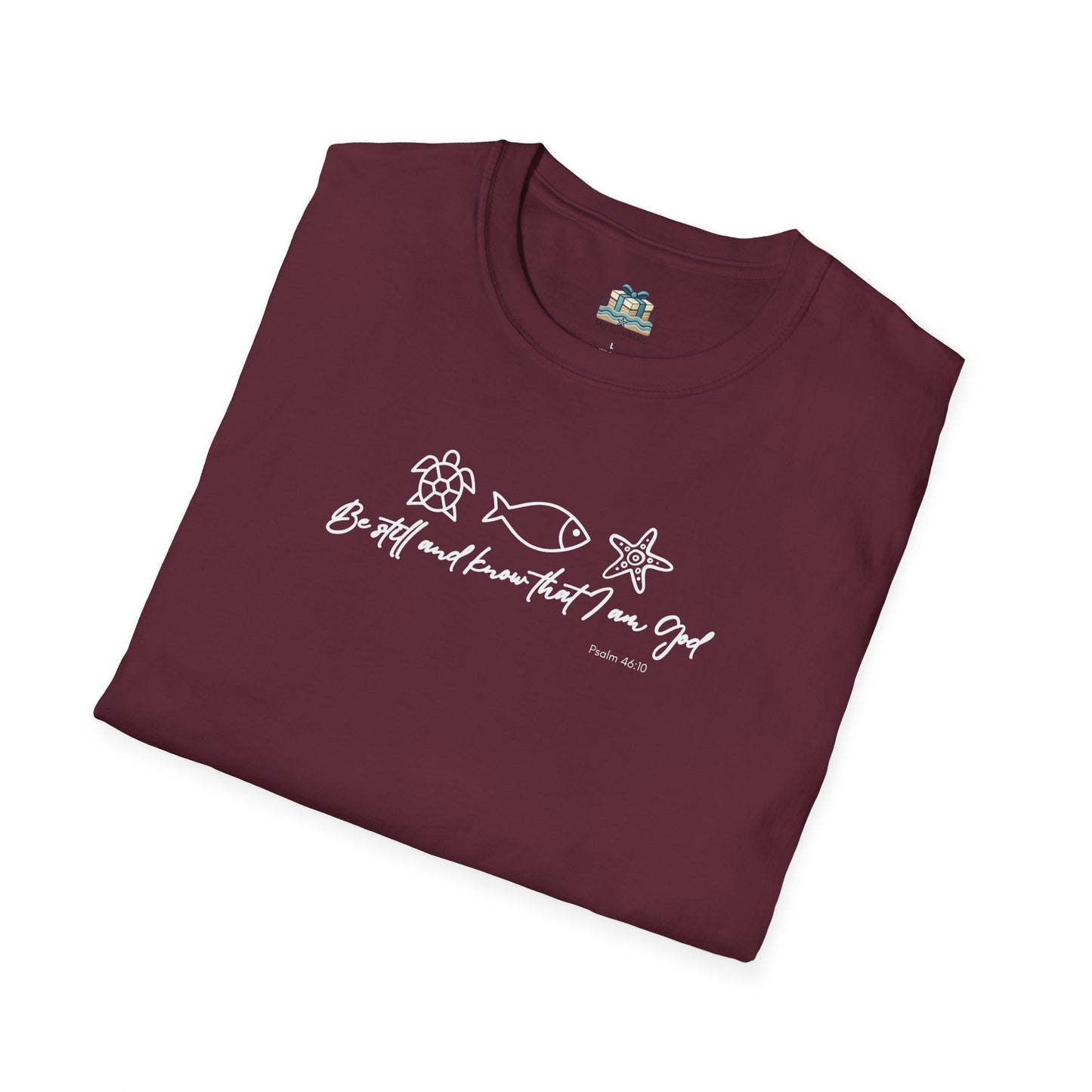 Folded maroon t-shirt with white text and graphics on a white background