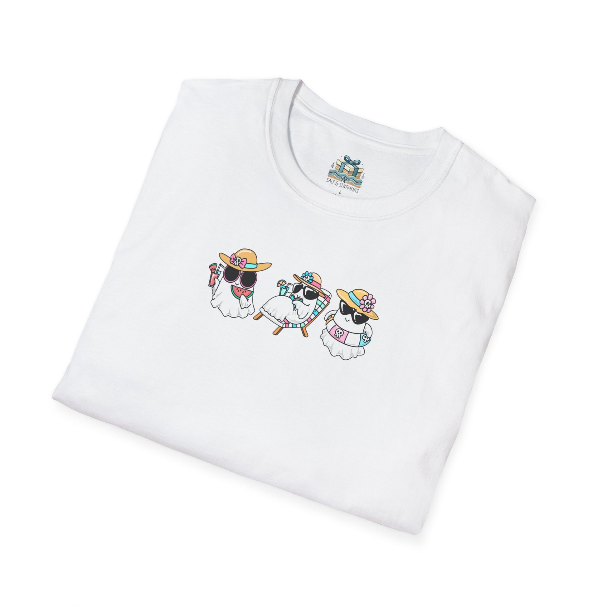 White t-shirt with cartoon dog design on a white background