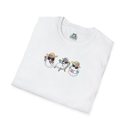 White t-shirt with cartoon dog design on a white background