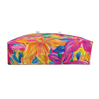 Bottom side of oversized Beach  bag with bright tropical preppy floral print in pink, orange, and yellow tones