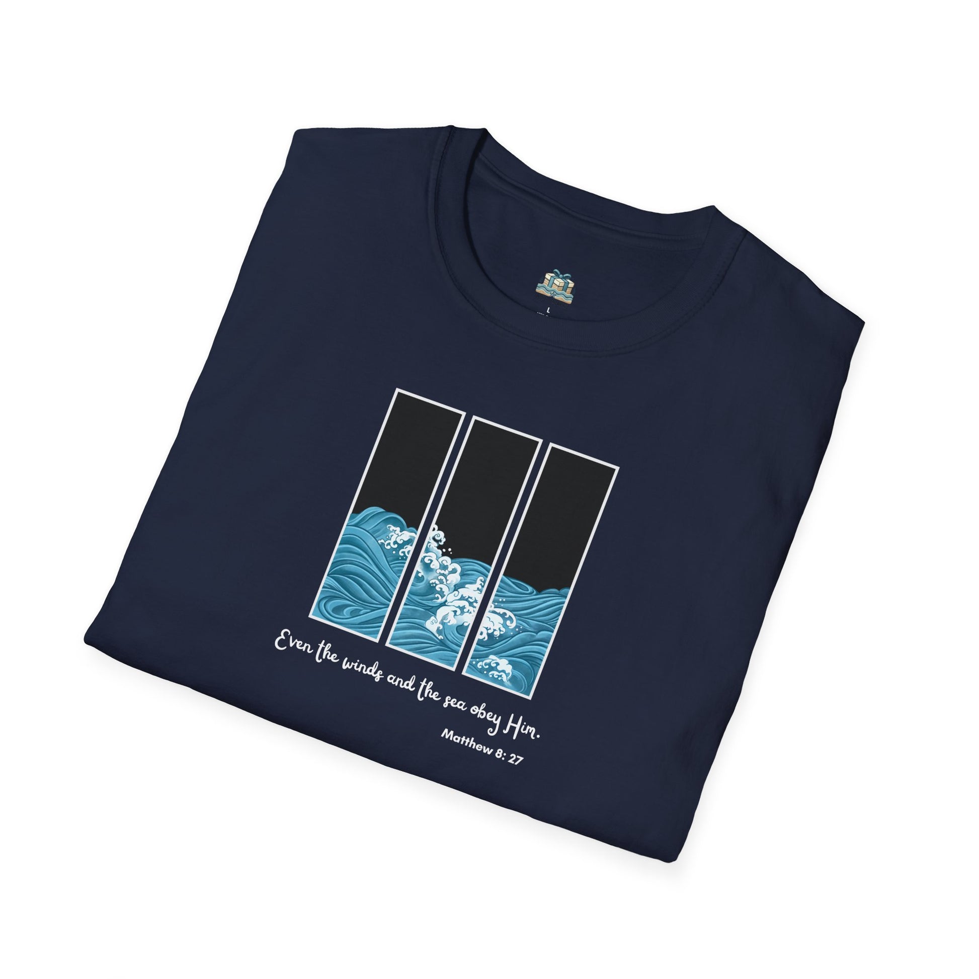 Folded navy blue t-shirt with wave design and text on a white background