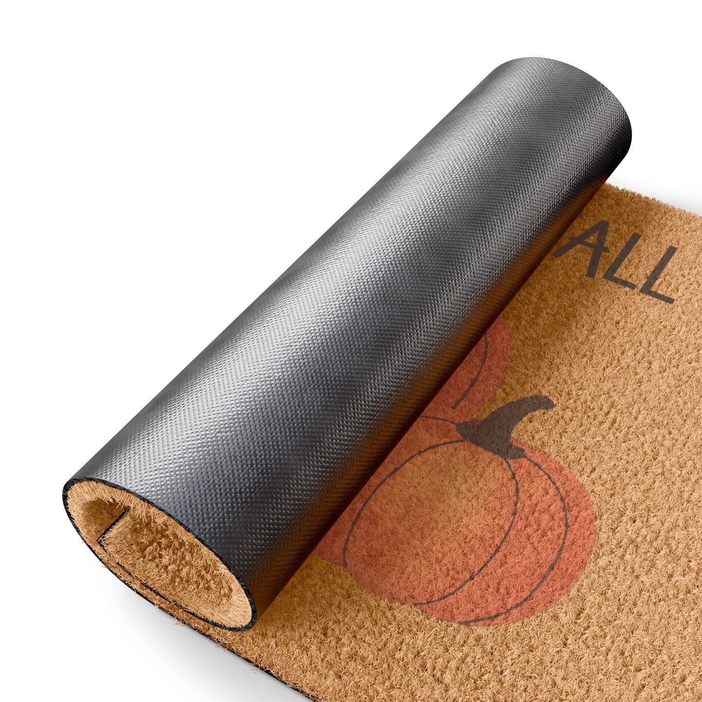 Doormat with pumpkin design and 'All' text, rolled up on a white background