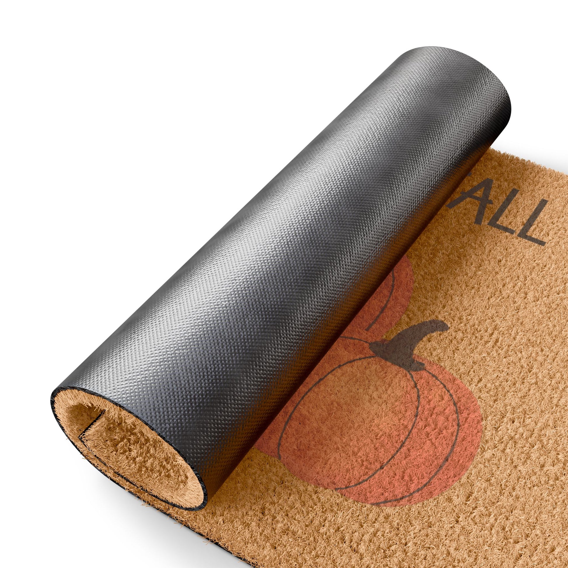 Doormat with pumpkin design and 'All' text, rolled up on a white background