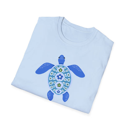 Folded light blue shirt with a blue turtle design on a white background